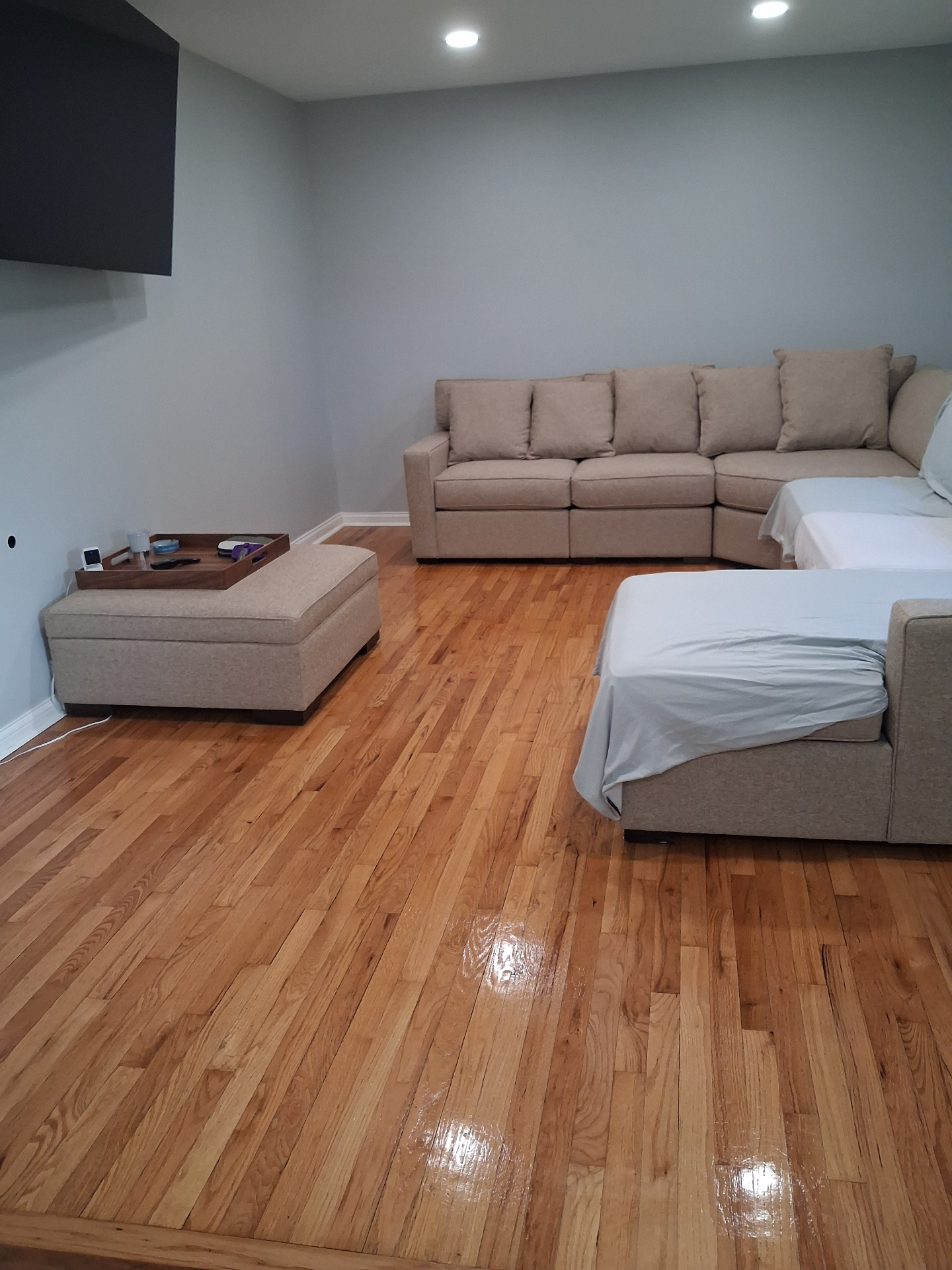 Freshly cleaned living room with polished hardwood floors